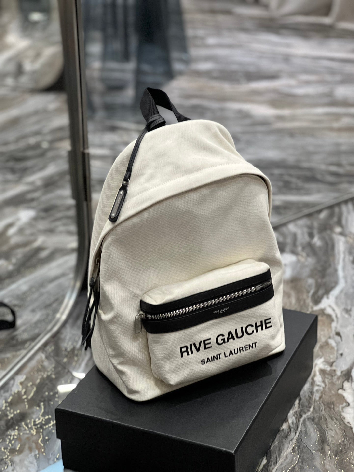 RIVE GAUCHE BACKPACK 35 IN WHITE CANVAS MIX BLACK CALFSKIN mysite