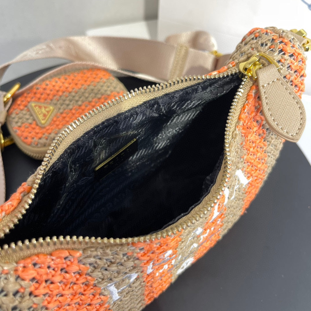 PRA HOBO BAG 23 IN BEIGE MIX ORANGE RAFFIA WITH WHITE LOGO GOLD HARDWARE mysite