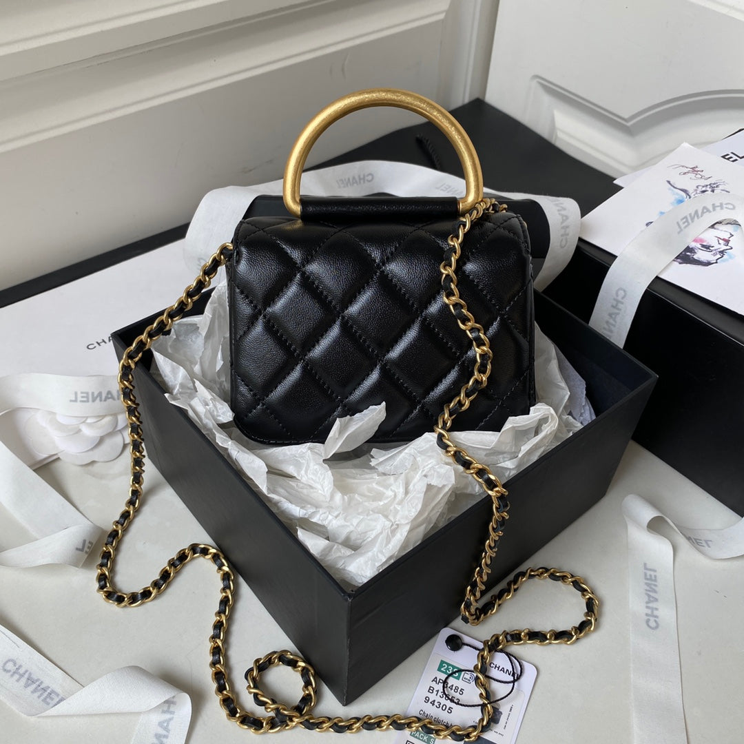 MINI FLAP BAG 13 IN BLACK LAMBSKIN WITH GOLD HANDLE mysite