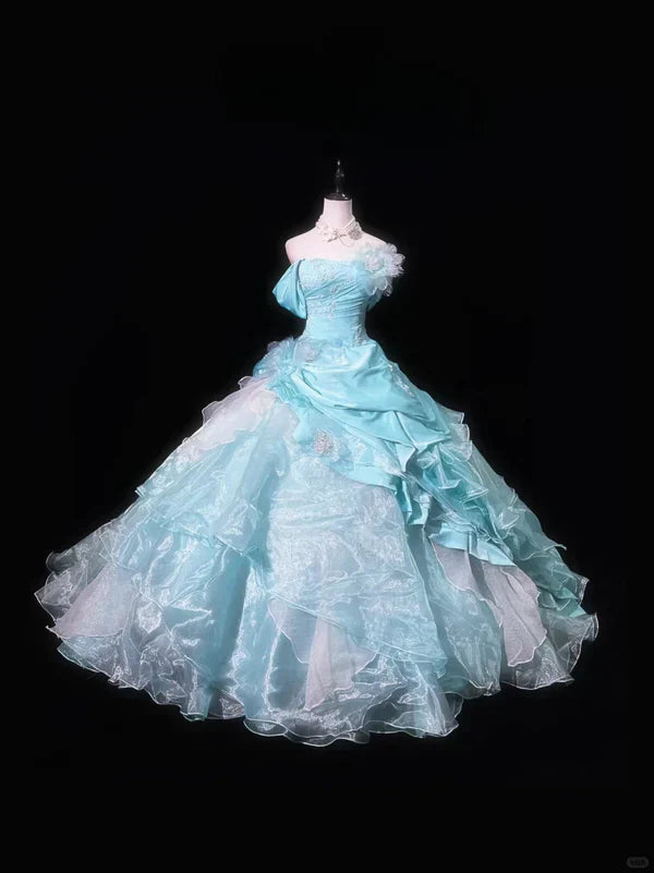 Elegant Blue Off-the shoulder Organza Tiered Pleated A-Line Ball Gown Prom Dress Sweet 16 Quinceanera Party Dress TP4382s mysite