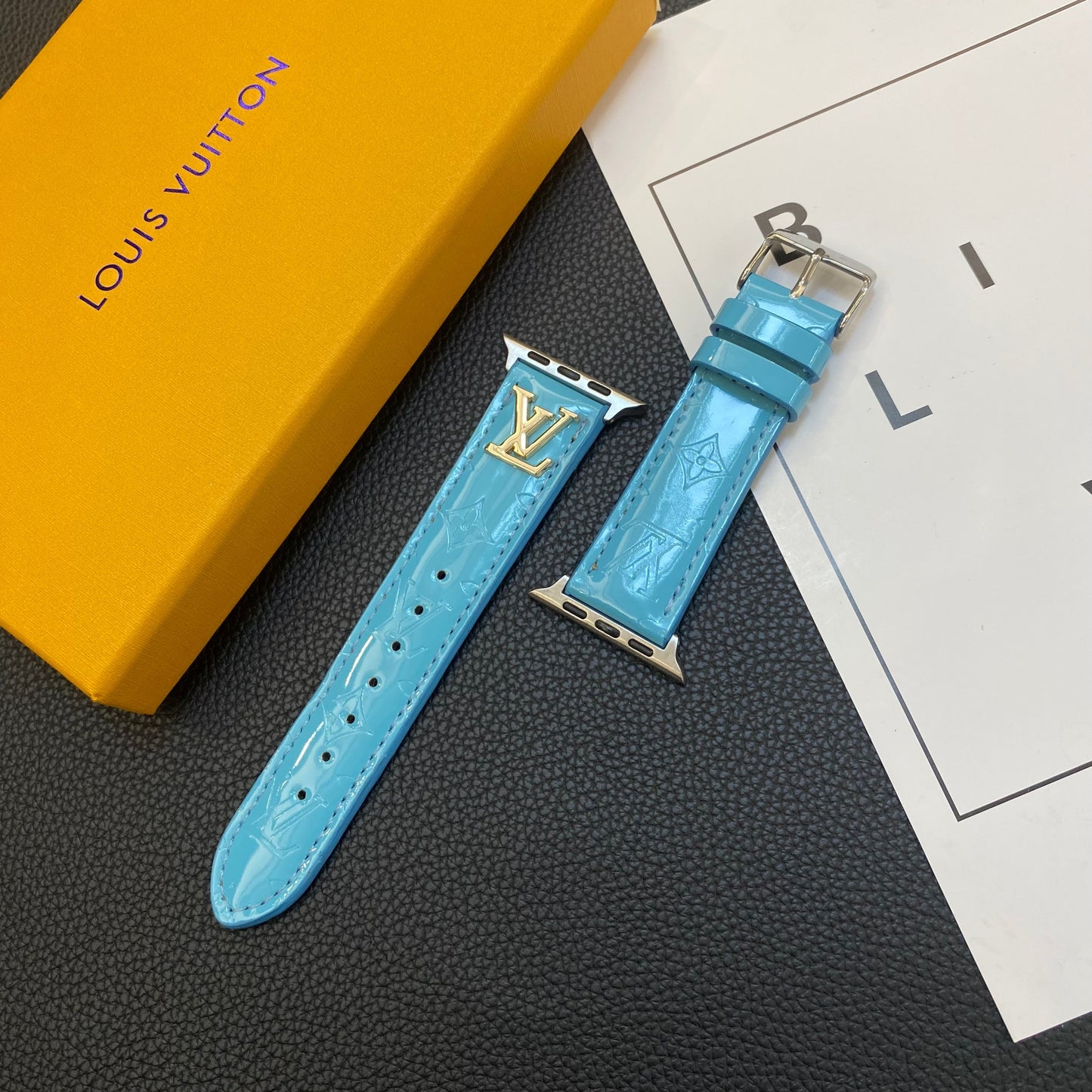 GLOSSY LEATHER APPLE WATCH STRAP LUXURY METAL LOGOs-1 mysite