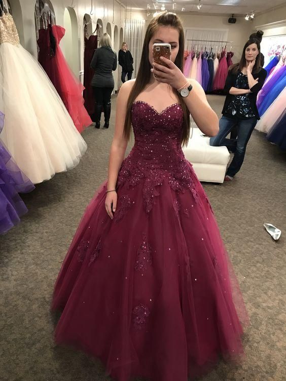 Cute Burgundy Sleeveless Tulle Sweetheart Ball Gown Prom Dresses cg10749s mysite