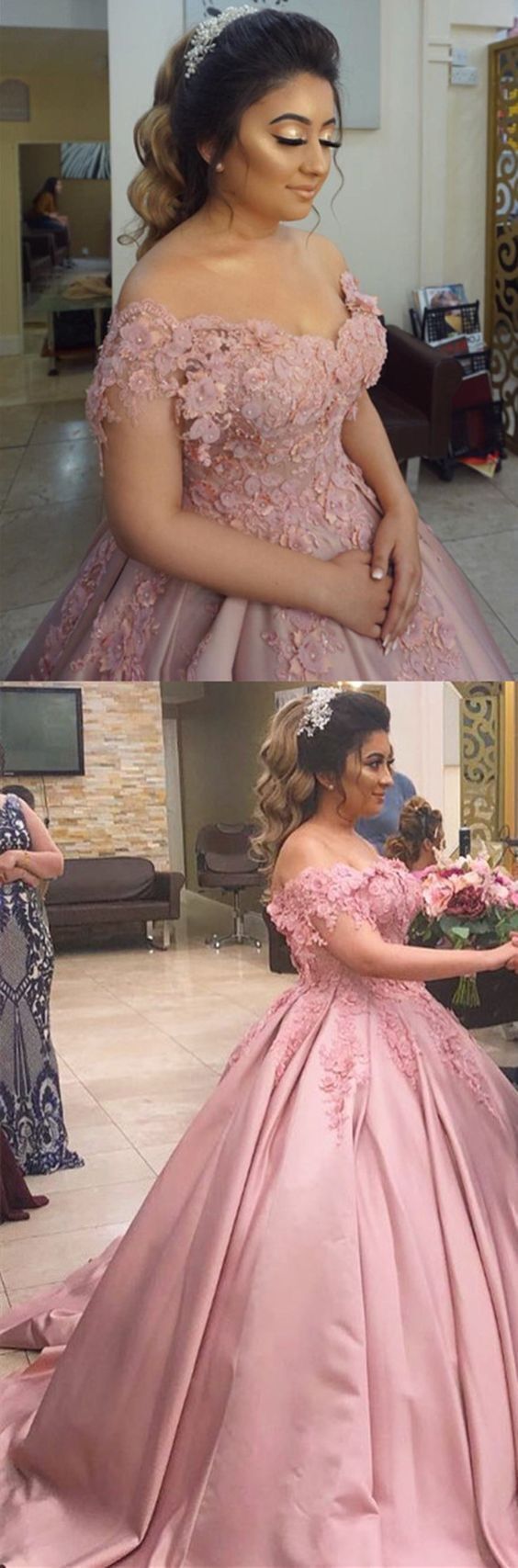 Charming Off Shoulder Pink Appliques Ball Gown Prom Dress cg13171s mysite