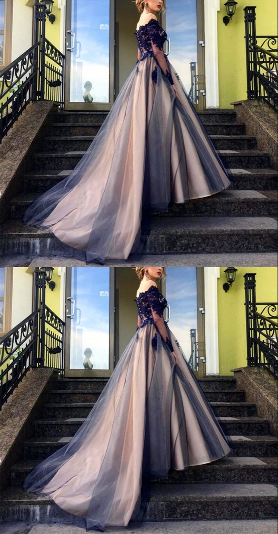 Elegant navy and nude tulle ball gown prom dresses lace long sleeves off the shoulder for sweet 16 cg19862s mysite