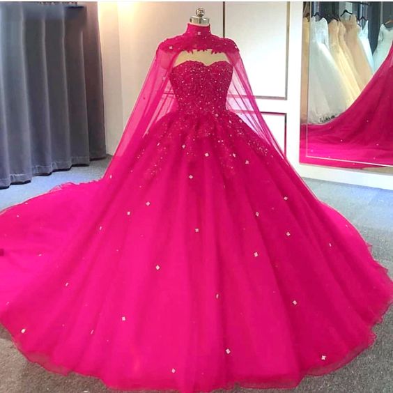 Hot Pink Detachable Cape Quinceanera Sweet 16 Ball Gown Prom Dresss mysite