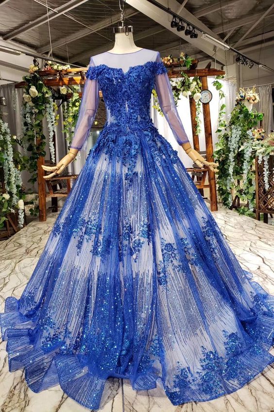 Charming Long Sleeve Round Neck Tulle Blue Beads Ball Gown Prom Dresses with Lace up cg6554s mysite
