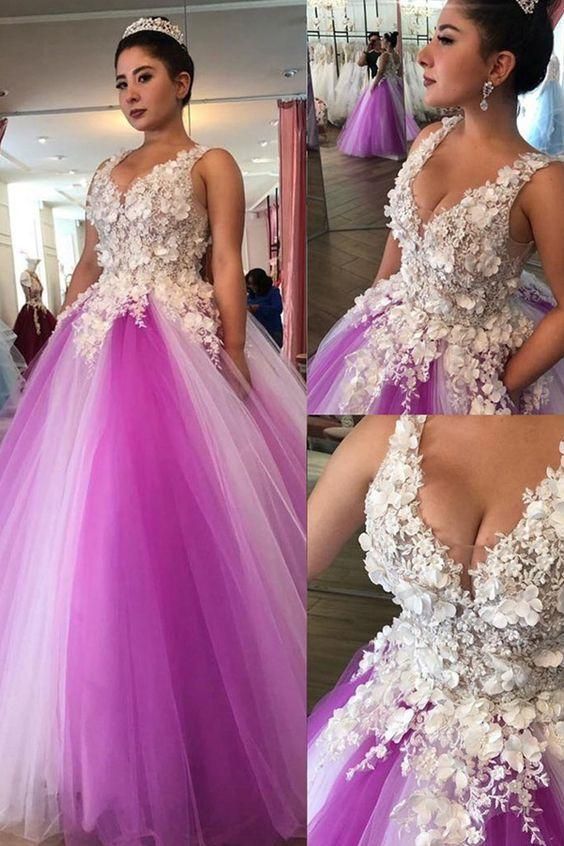 Fantastic Tulle V-neck Neckline Floor-length Ball Gown Prom Dresses With Lace Appliques & Beaded Handmade Flowers cg8595s mysite