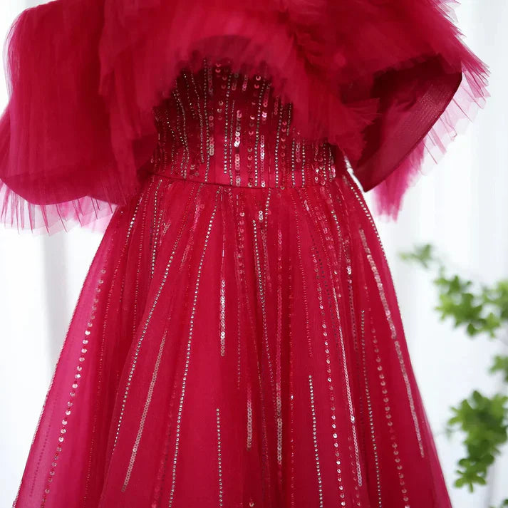 Rose red Off the Shoulder Sequin Rhinestone Tulle Long Ball Gown Prom Dress SH1835s mysite