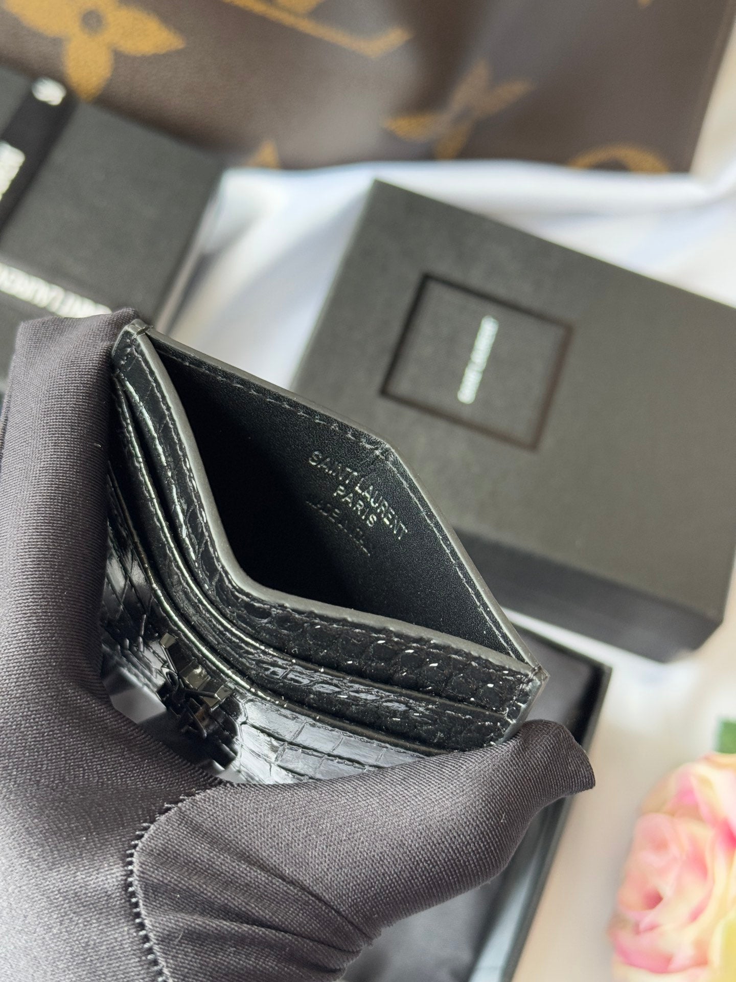 YSL Card Holder 10cm Wallet Full Black Crocodile Leather 240552 mysite