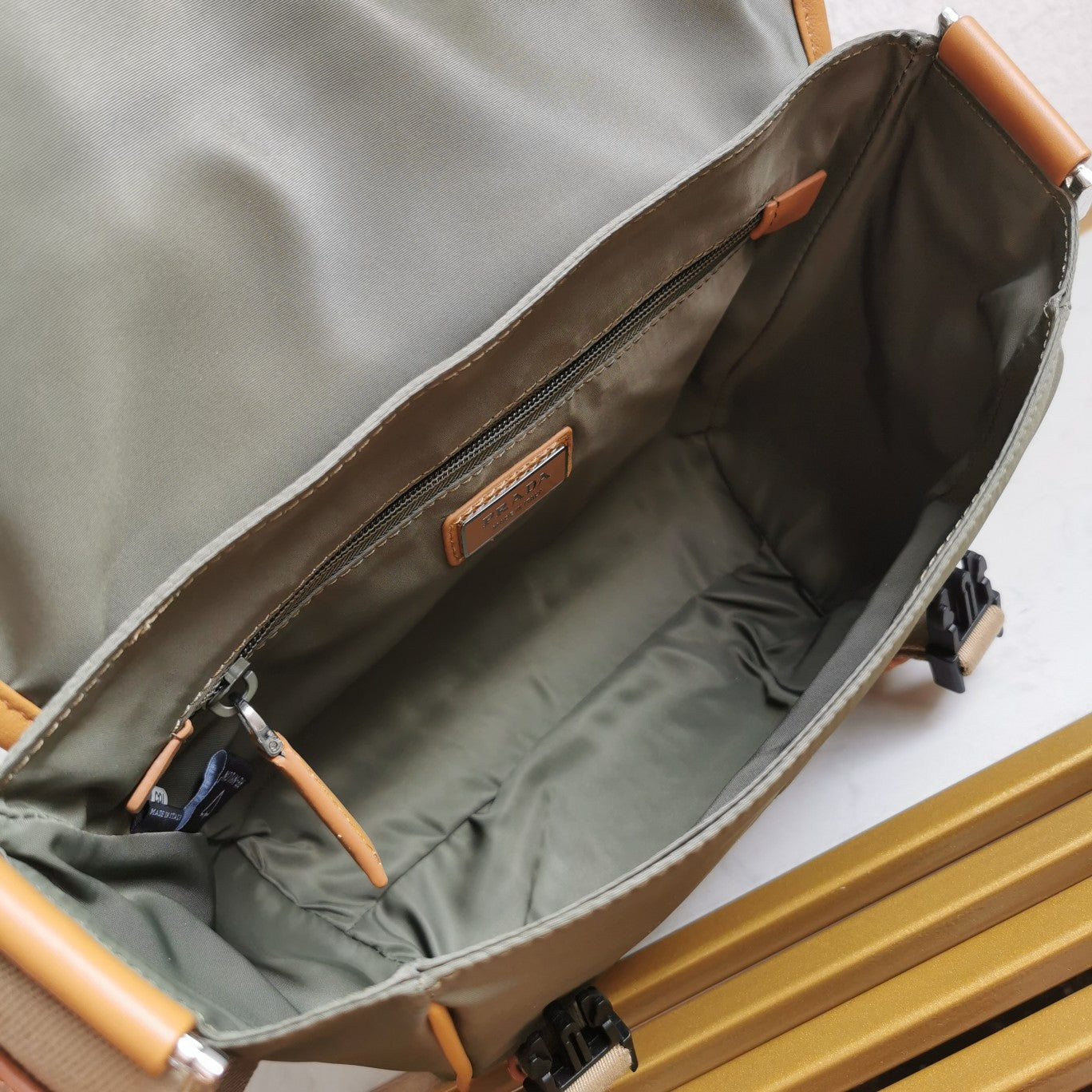 MESSENGER BAG 20 IN KHAKI GREEN RE-NYLON AND BROWN CALFSKIN TRIM mysite