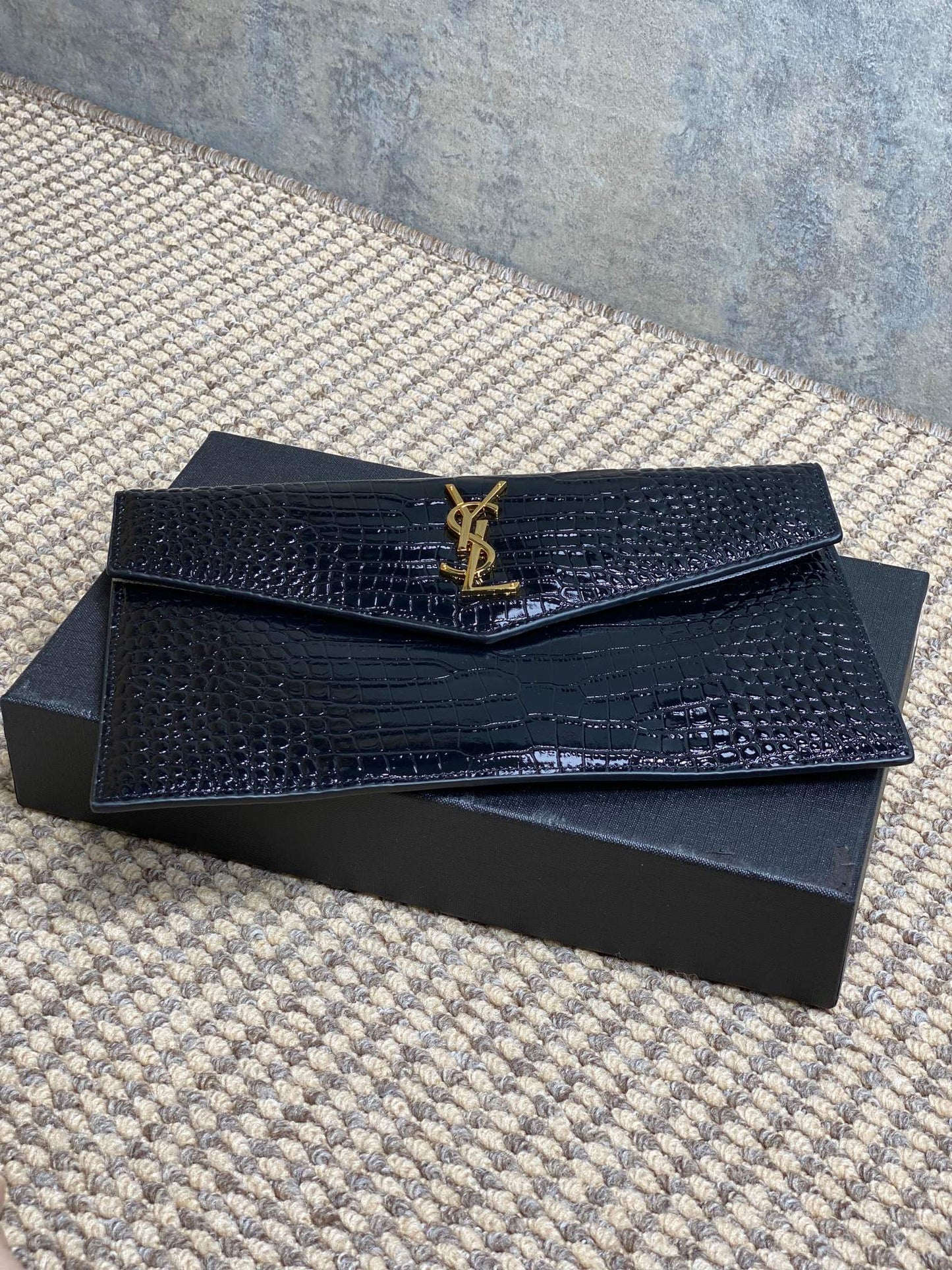 YSL 22s Uptown Pouch Clutch Bag Black Croc Embossed Leather GHW mysite