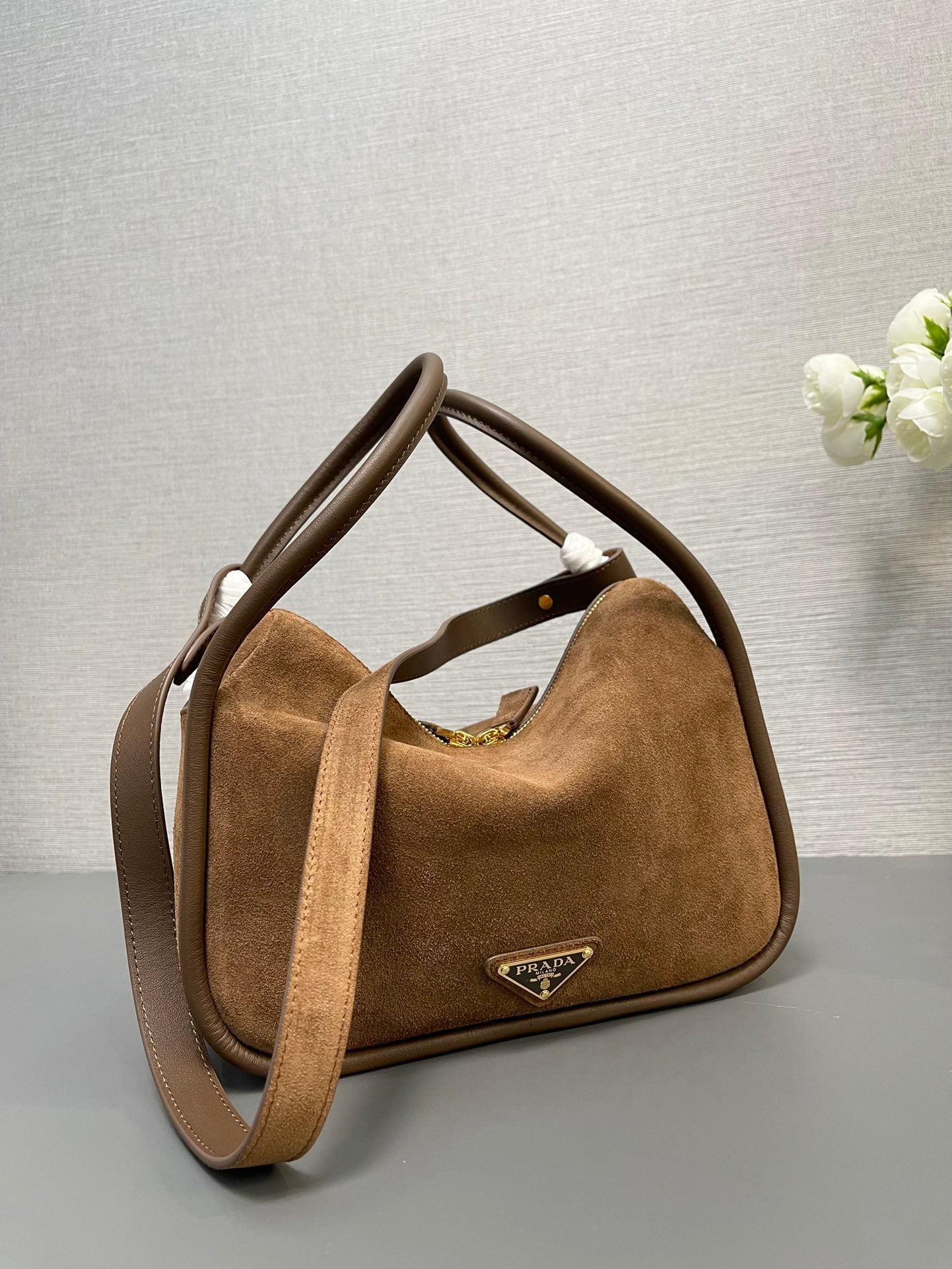 BOWLING BAG 25 IN ASH BROWN SUEDE AND CALFSKIN TRIM GOLD LOGO mysite