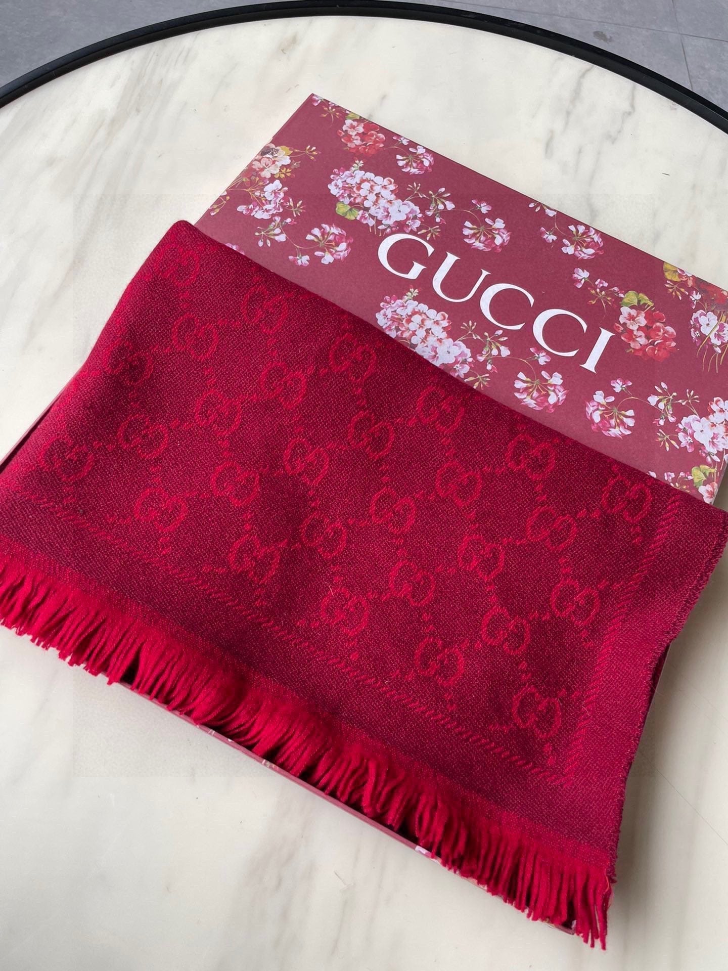 SCARF 180 CM IN CHERRY RED GG PATTERN MONOGRAM WOOL 407527 mysite
