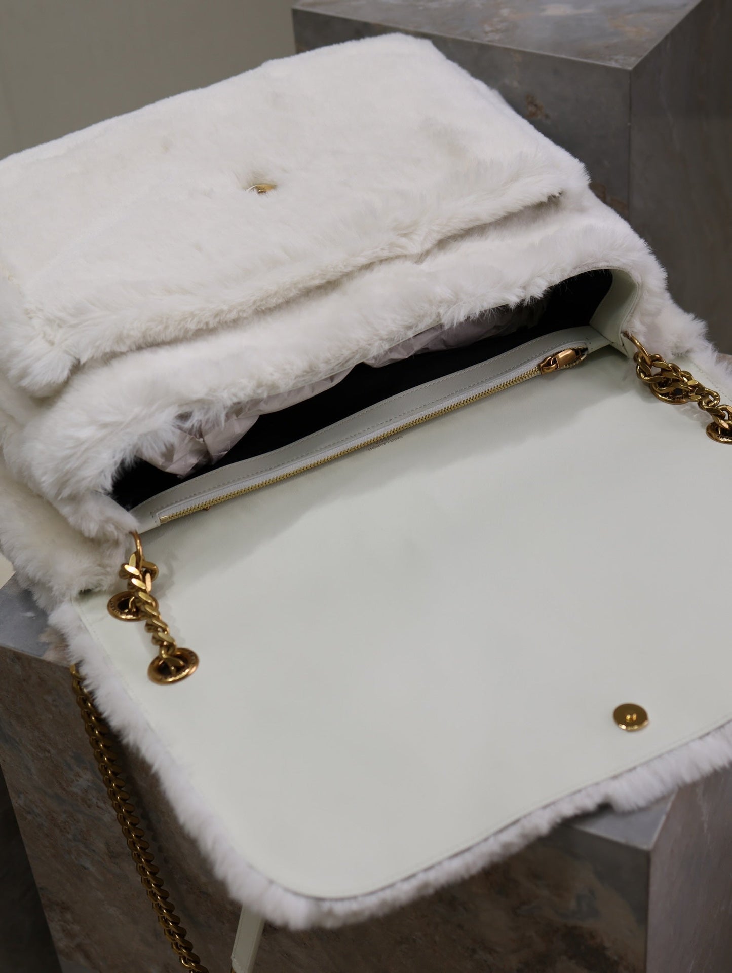 NIKI 47 IN WHITE RABBIT FUR GOLD HARDWARE mysite