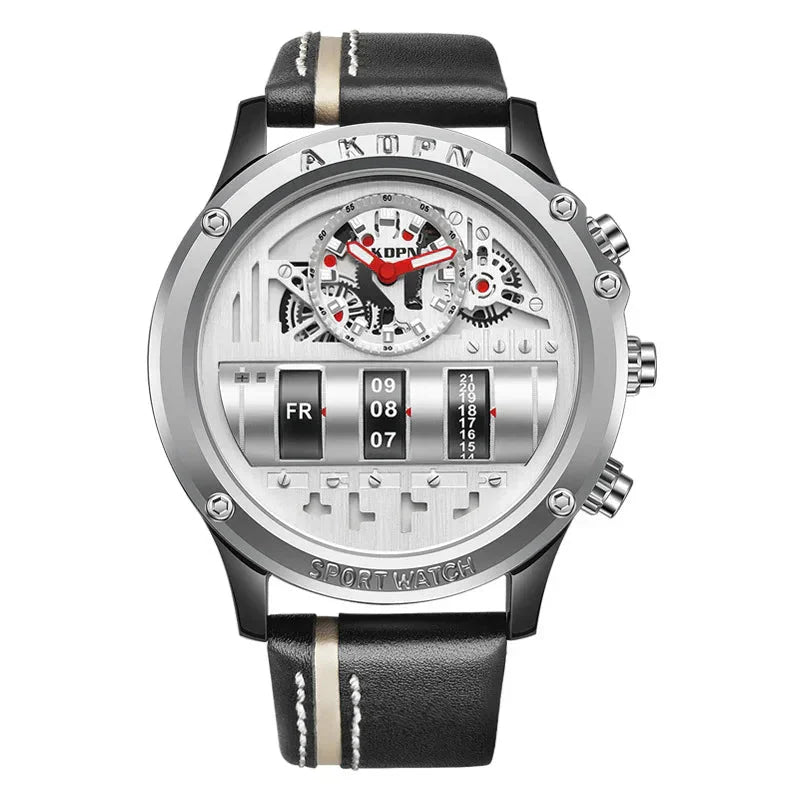 Stylish Quartz Men's Watch with Unique Rotating Date and Leather Strap - Military-Inspired Casual Timepieces-1 mysite