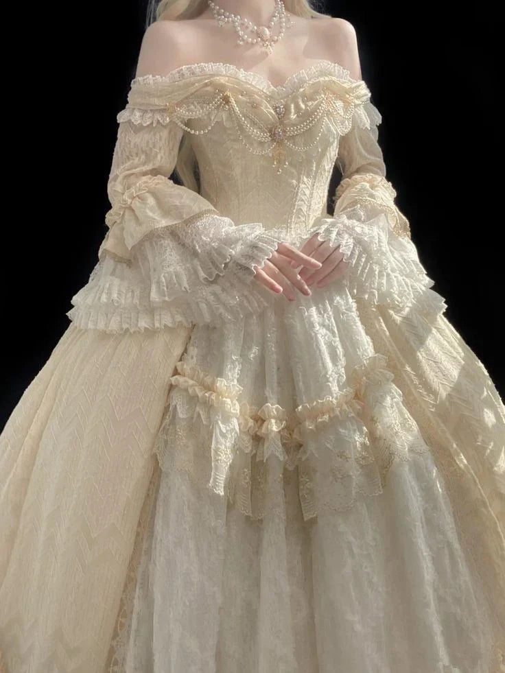 Gorgeous Ivory Sweetheart Lace Off-the-shoulder Long-sleeve A-Line Wedding Dress Ball Gown Prom Dress Evening Dress TP4593s mysite