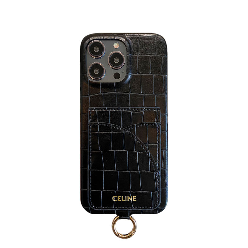 Alligator Print Celine iPhone Case With Card Holder And Strap Blcak -EYP2414151 mysite