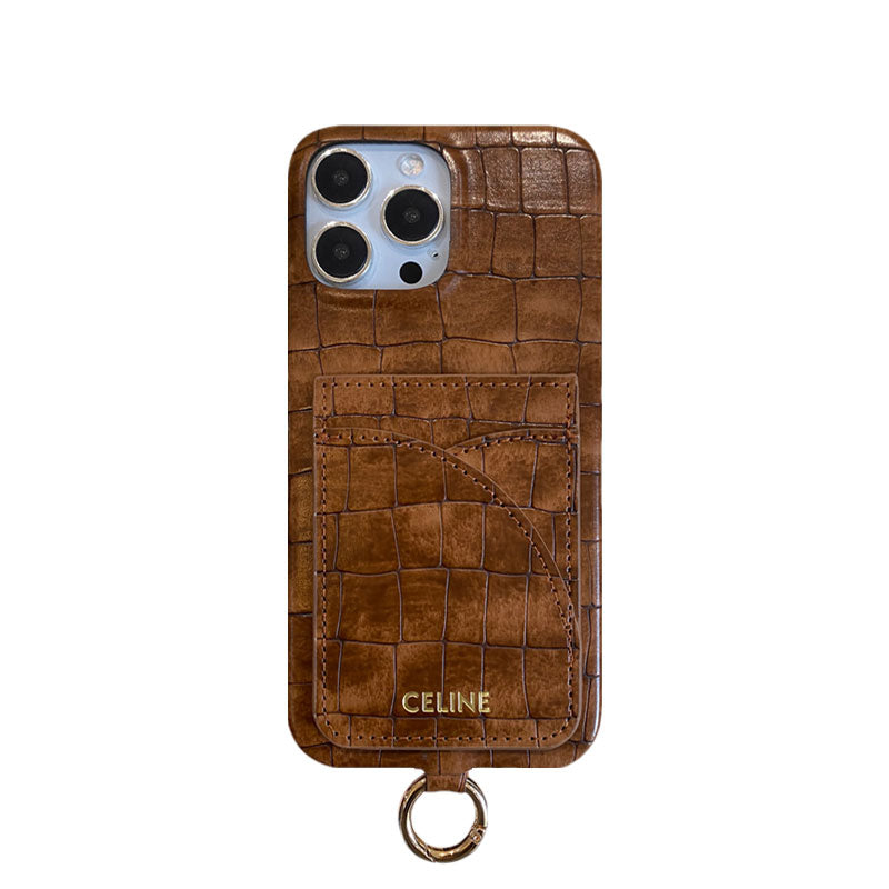 Alligator Print Celine iPhone Case With Card Holder And Strap Blcak -EYP2414151 mysite