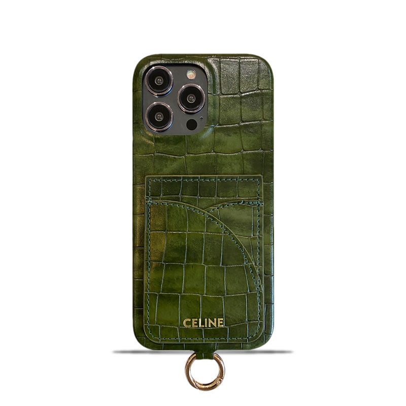 Alligator Print Celine iPhone Case With Card Holder And Strap Green -EYP2414151 mysite