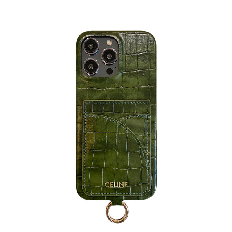 Alligator Print Celine iPhone Case With Card Holder And Strap Green -EYP2414151 mysite