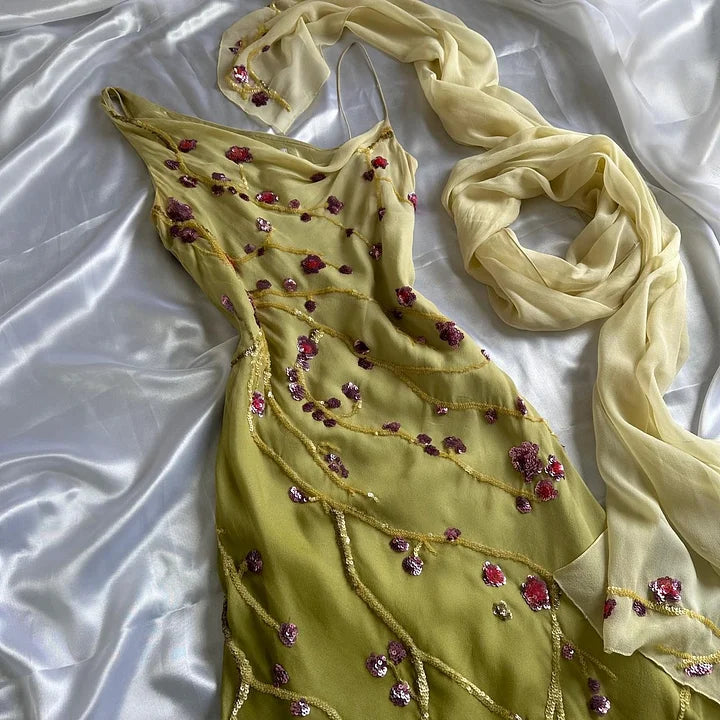 Yellow Green gorgeous exquisite vintage embroidered spaghetti strap long ball gown prom dress evening gown gh2932s mysite