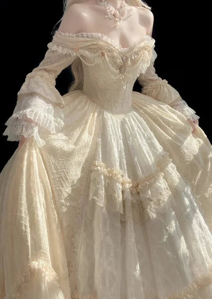 Gorgeous Ivory Sweetheart Lace Off-the-shoulder Long-sleeve A-Line Wedding Dress Ball Gown Prom Dress Evening Dress TP4593s mysite