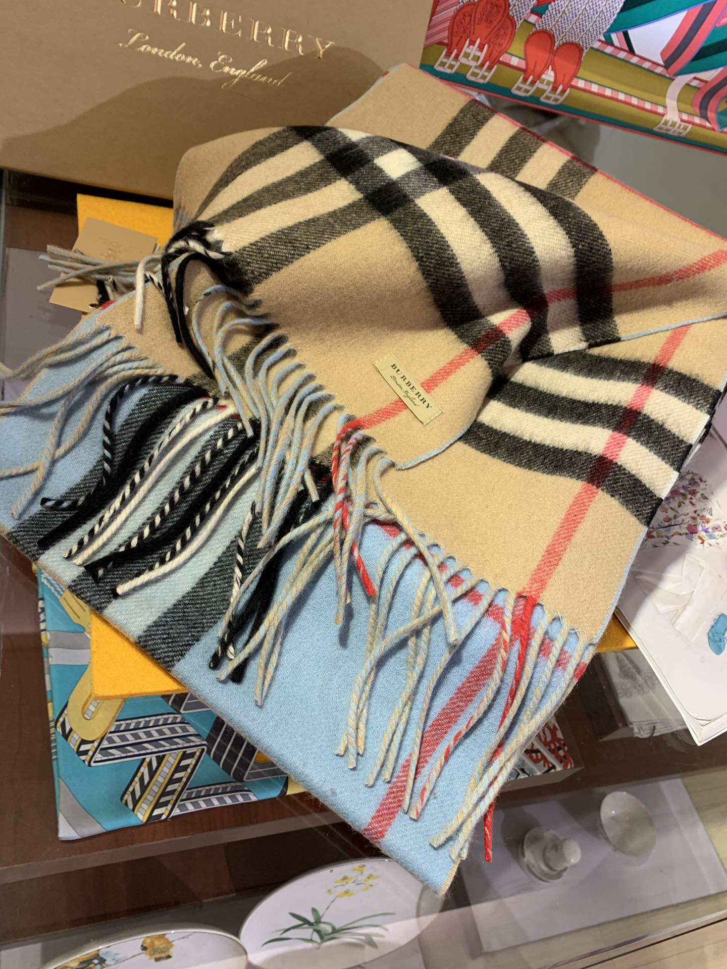 LONG SCARF 250 CM IN SKY BLUE AND BEIGE CASHMERE 410472 mysite