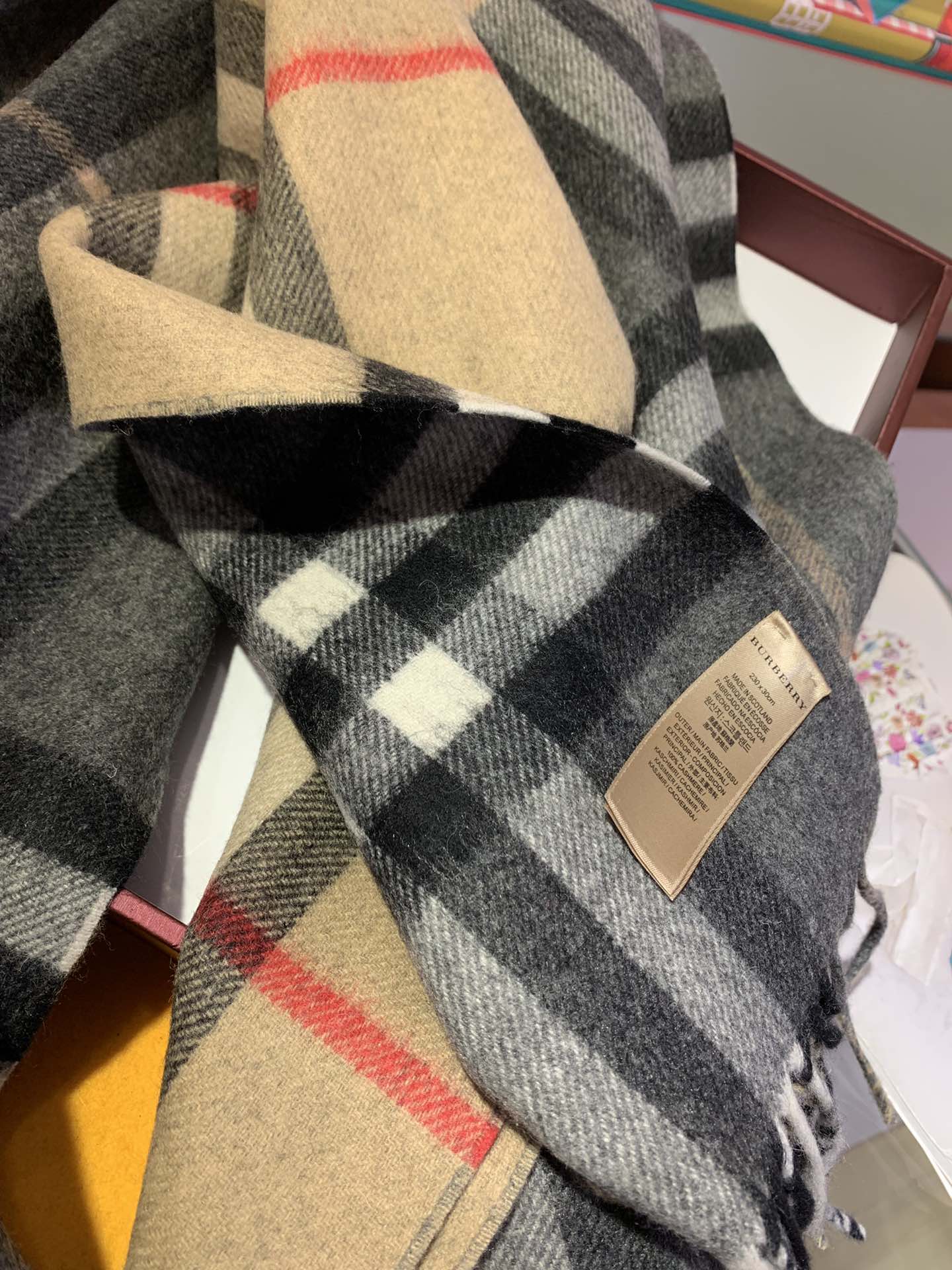 LONG SCARF 250 CM IN BLACK AND BEIGE CASHMERE 410474 mysite