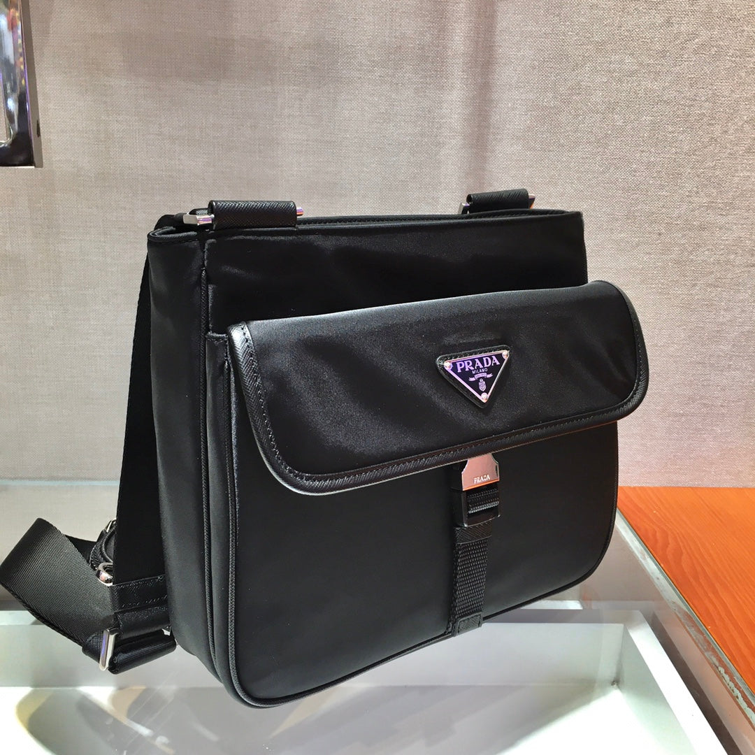 TRIANGLE LOGO CROSSBODY BAG 25 IN BLACK RE-NYLON AND SAFFIANO LEATHER TRIM mysite