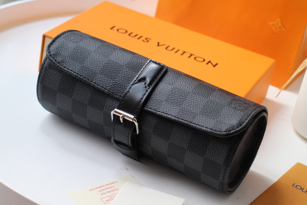 LV M47530 3 Watch Case Black Damier Graphite & Cowhide HW mysite
