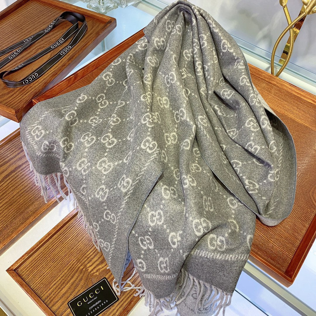 JACQUARD PATTERN KNIT SCARF 180 CM IN COOL GRAY WOOL 402421 mysite