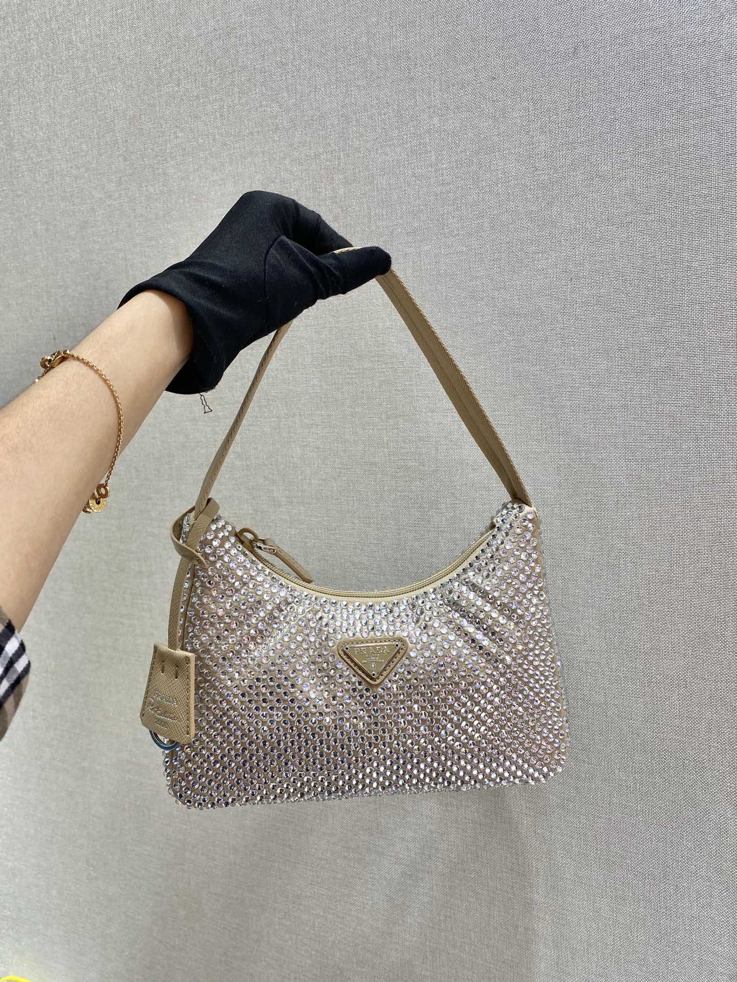 SPARKLING HOBO BAG 23 IN BEIGE NYLON ATTACHED FULLY CRYSTALS mysite