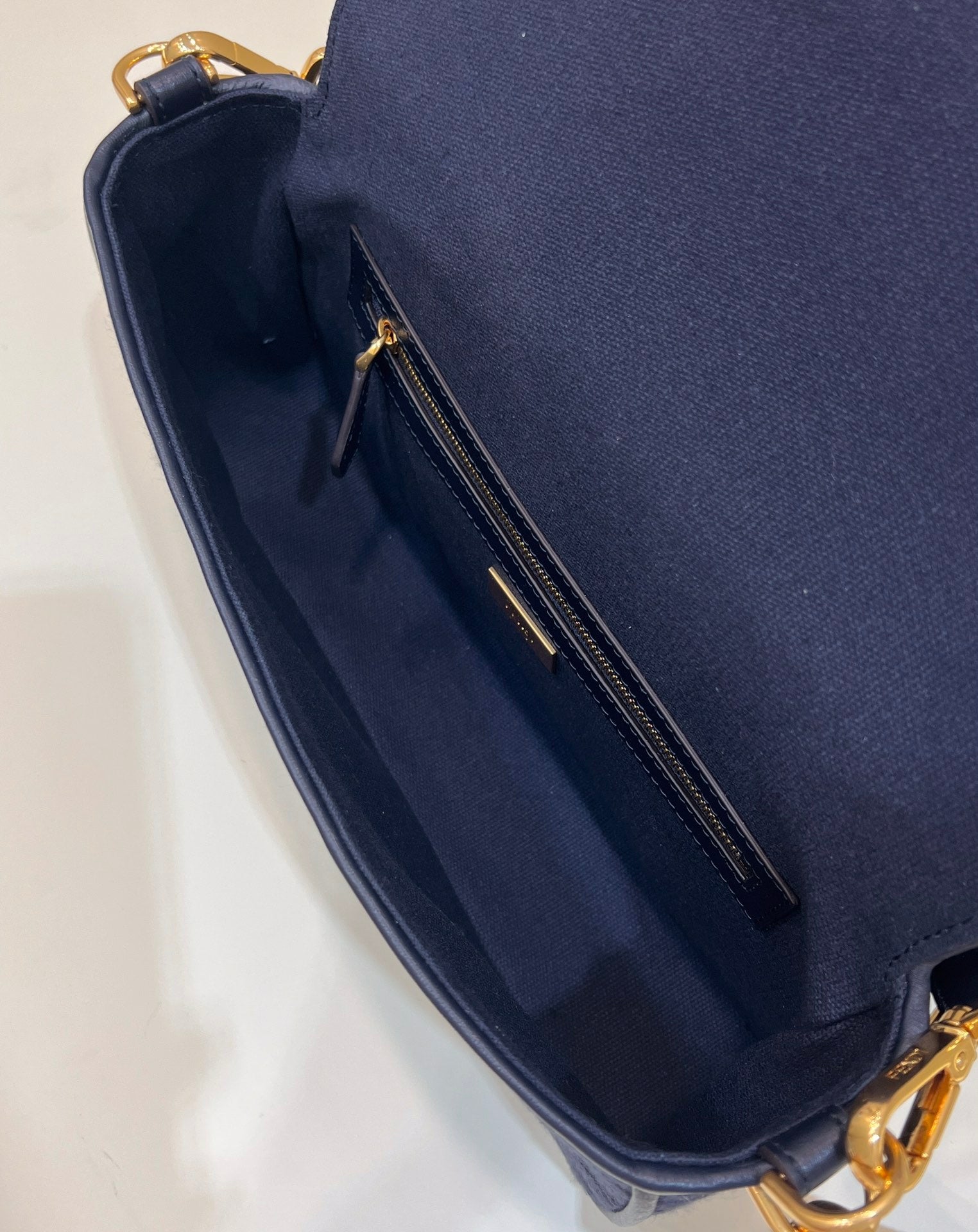 BAGUETTE WITH FF MOTIF 27 IN NAVY BLUE JACQUARD FABRIC GOLD HARDWARE mysite