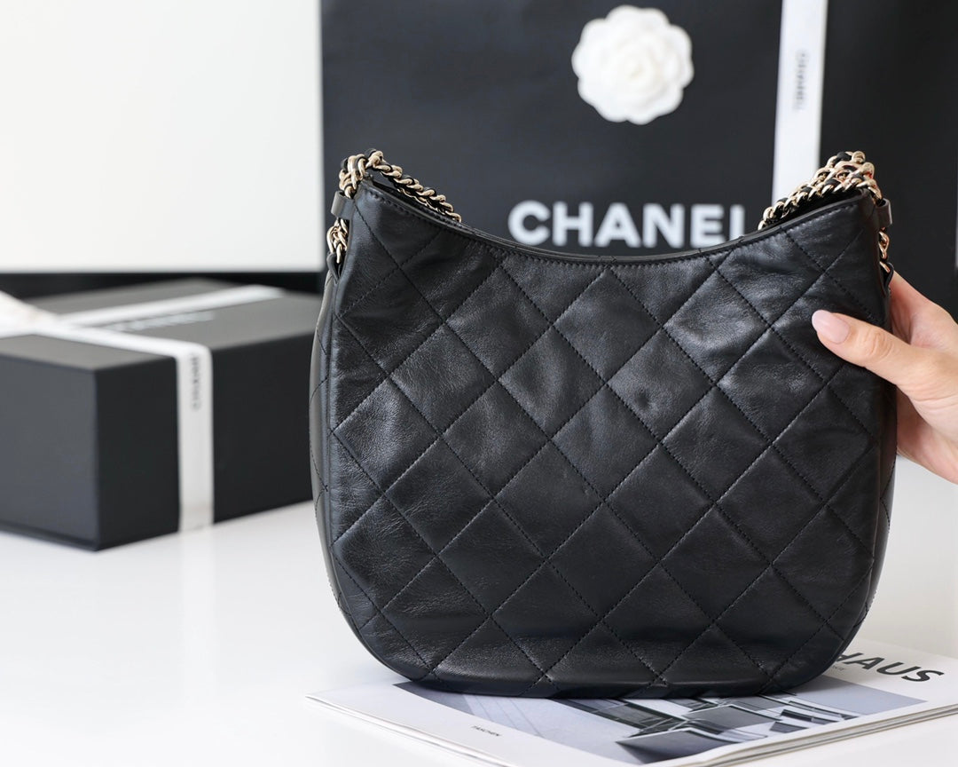cc hobo bag 26cm black lambskin silver hardware mysite