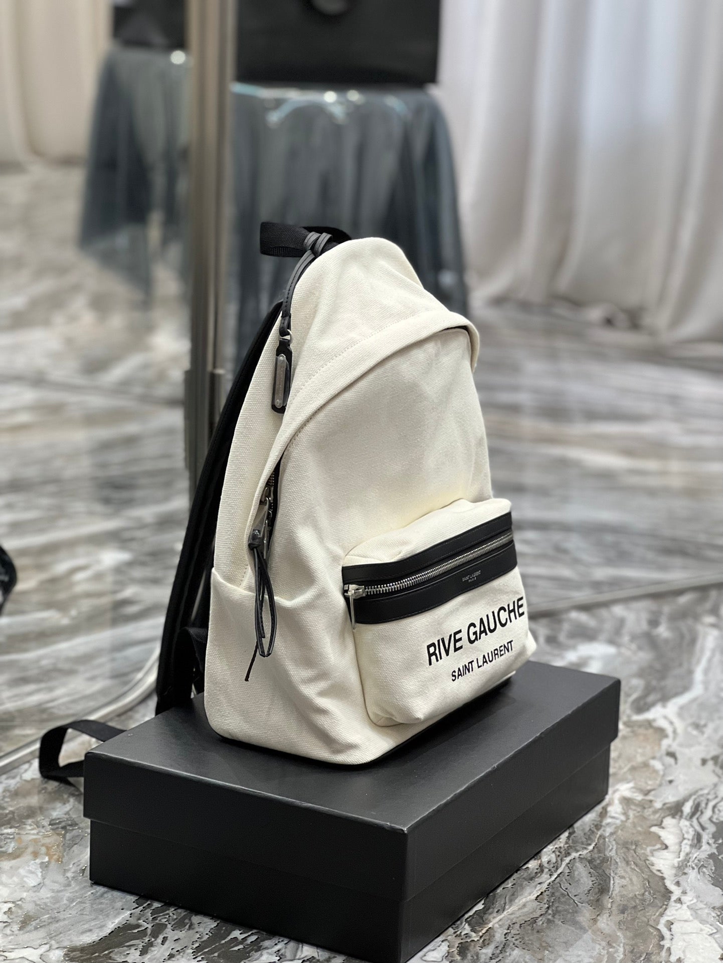 RIVE GAUCHE BACKPACK 35 IN WHITE CANVAS MIX BLACK CALFSKIN mysite