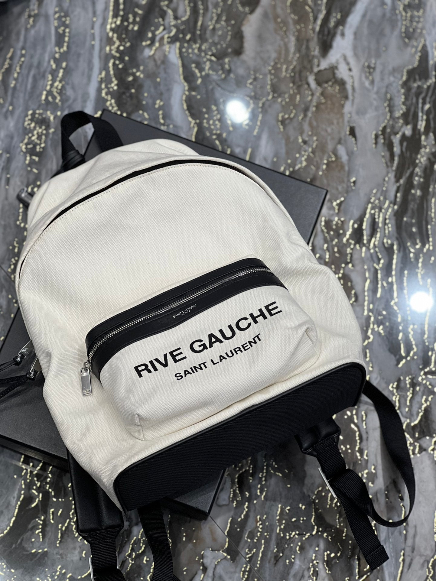 RIVE GAUCHE BACKPACK 35 IN WHITE CANVAS MIX BLACK CALFSKIN mysite