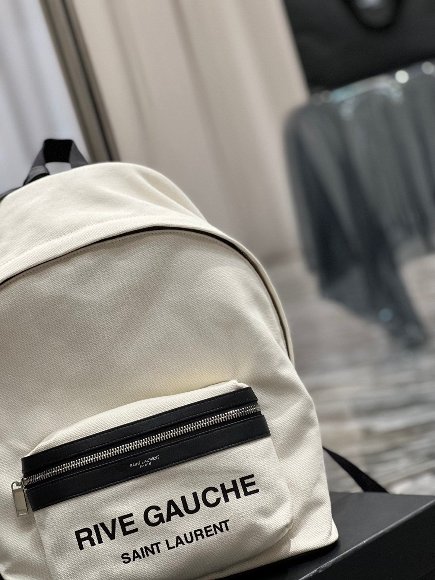 RIVE GAUCHE BACKPACK 35 IN WHITE CANVAS MIX BLACK CALFSKIN mysite