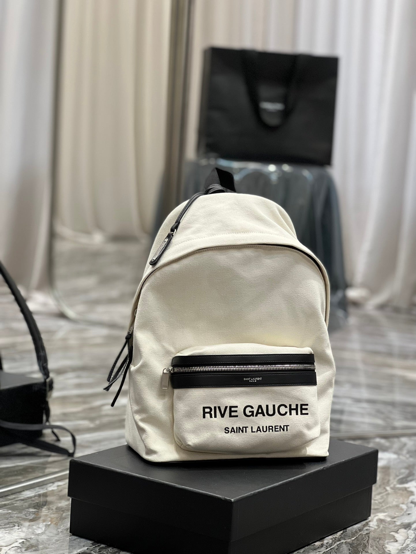 RIVE GAUCHE BACKPACK 35 IN WHITE CANVAS MIX BLACK CALFSKIN mysite