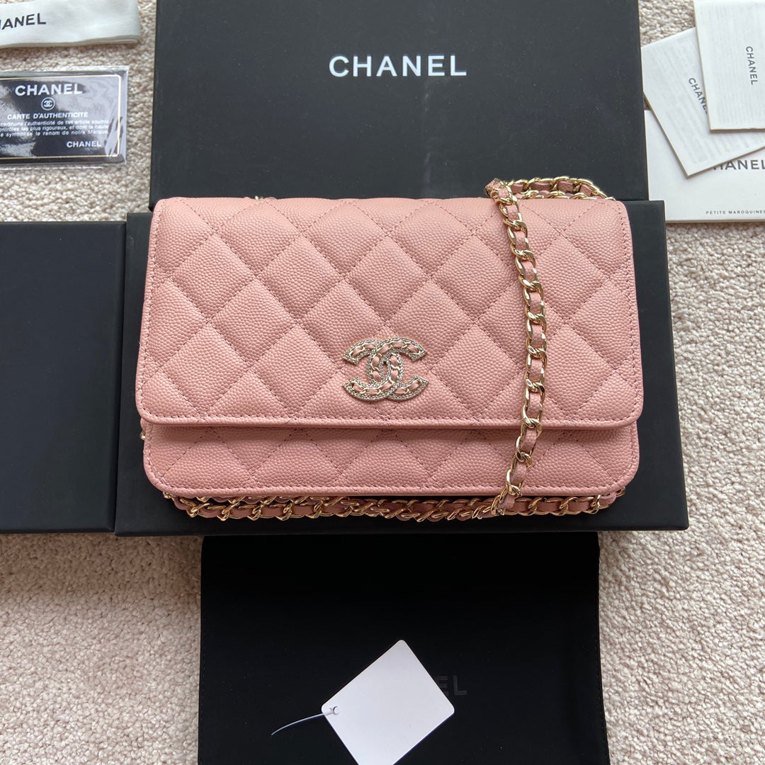 CC Classic Woc 20cm Pink Grained Calfskin Diamond Gold Hardware mysite