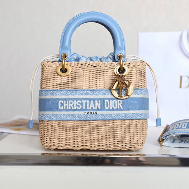 LADY 24 BASKET BAG IN BLUE OBLIQUE JACQUARD MIX BEIGE WICKER mysite