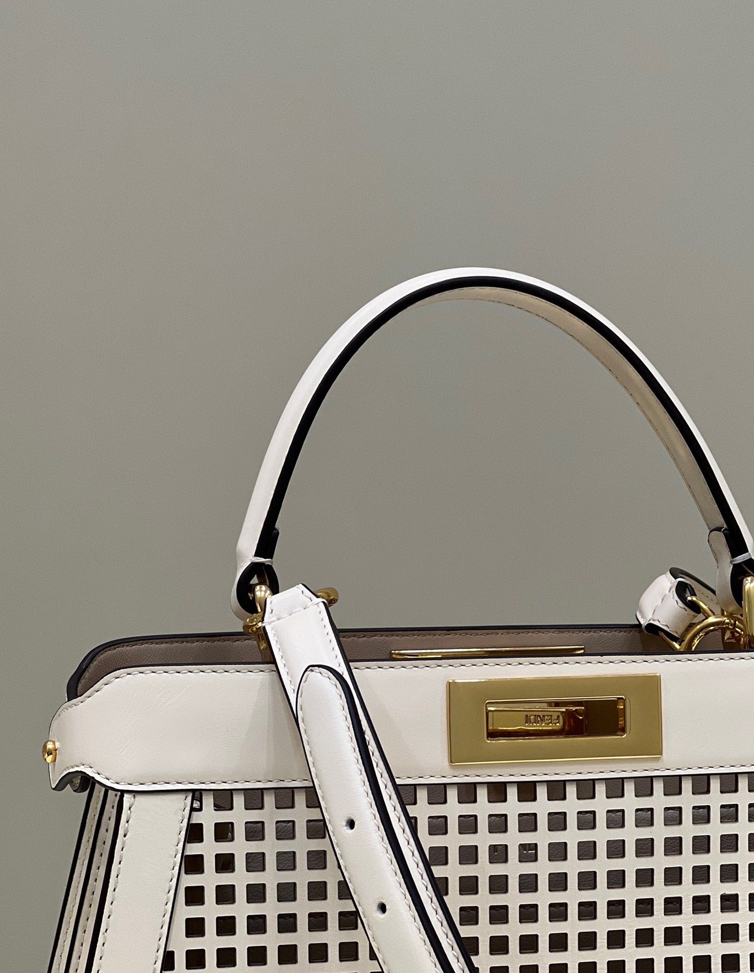 PEEKABOO ISEEU 34 IN WHITE PERFORATED CALFSKIN GOLD HARDWARE mysite