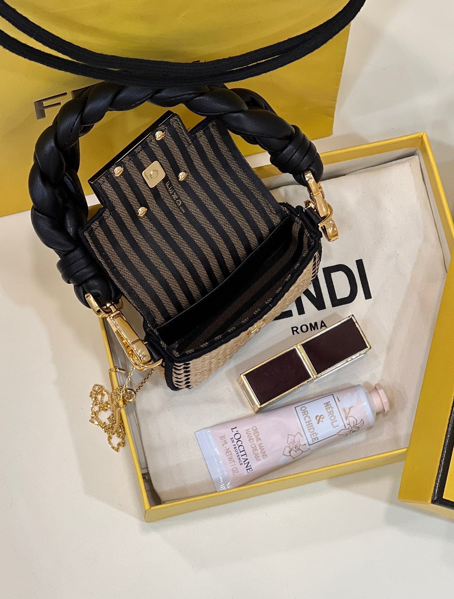 FENDI NANO BAGUETTE 11 BAG IN BEIGE MIX BLACK RAFFIA WITH STRAP GOLD HARDWARE mysite