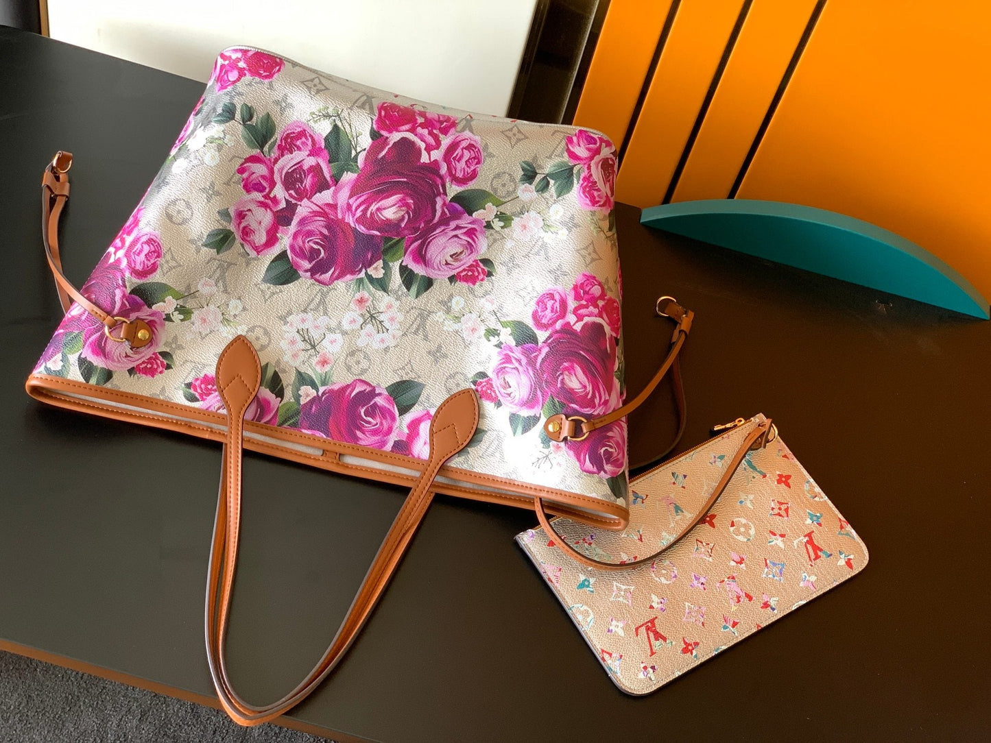 LV Neverfull MM Tote 31cm Sliver Pink Floral Pattern Leather GHW mysite