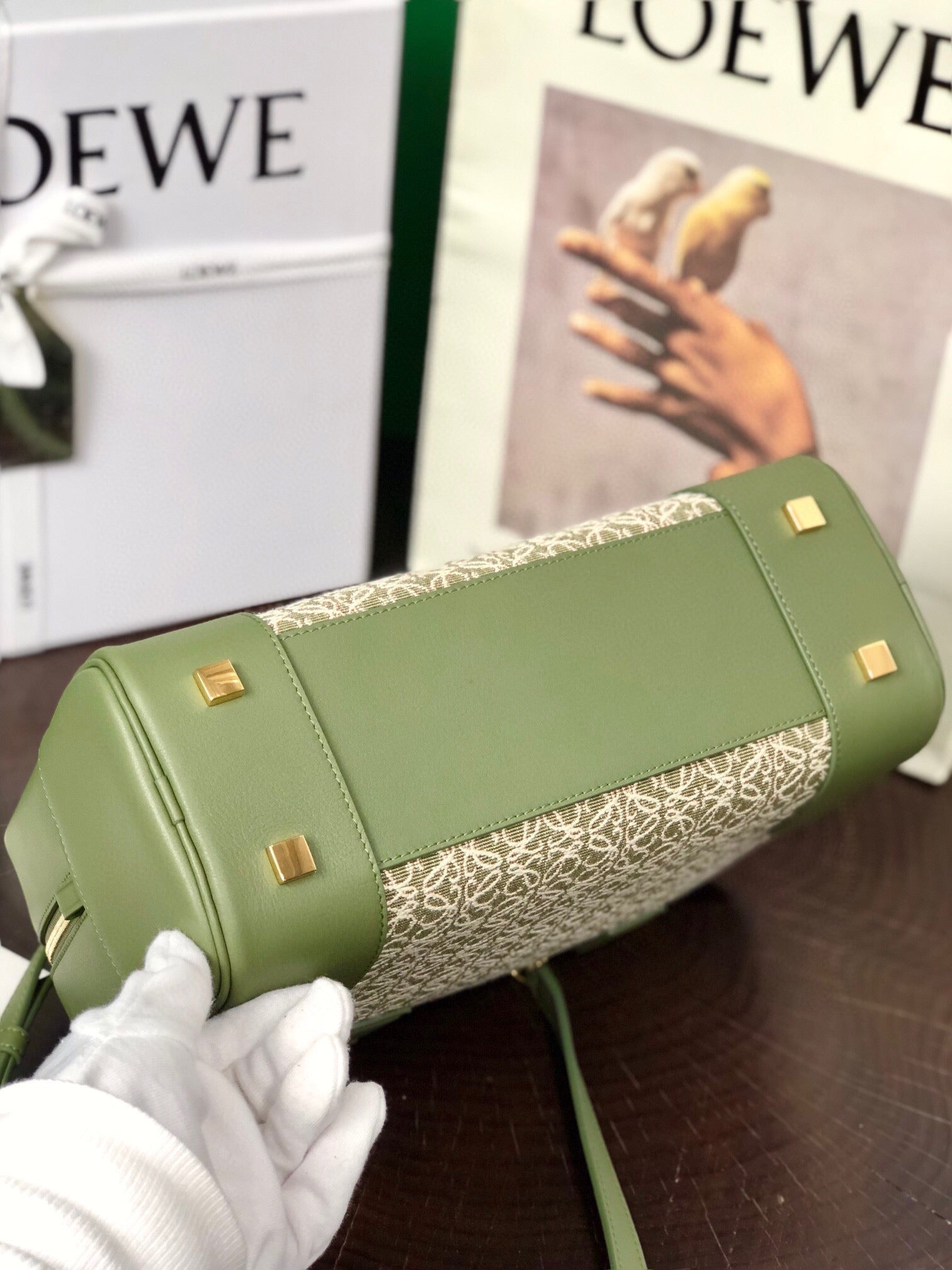 LOE AMAZONA 28 BAG IN OLIVE GREEN CALFSKIN AND BEIGE MONOGRAM FABRIC mysite