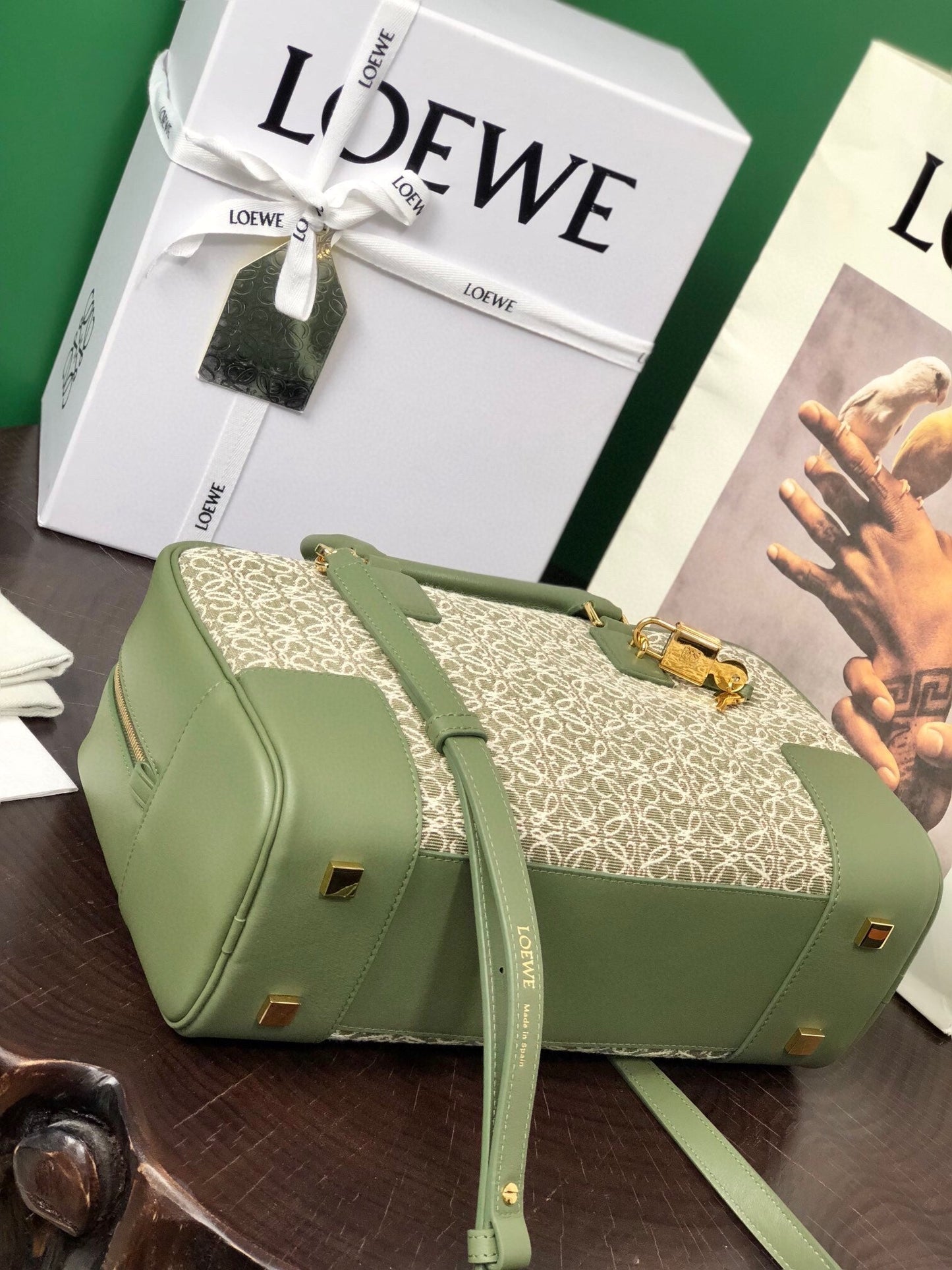 LOE AMAZONA 28 BAG IN OLIVE GREEN CALFSKIN AND BEIGE MONOGRAM FABRIC mysite