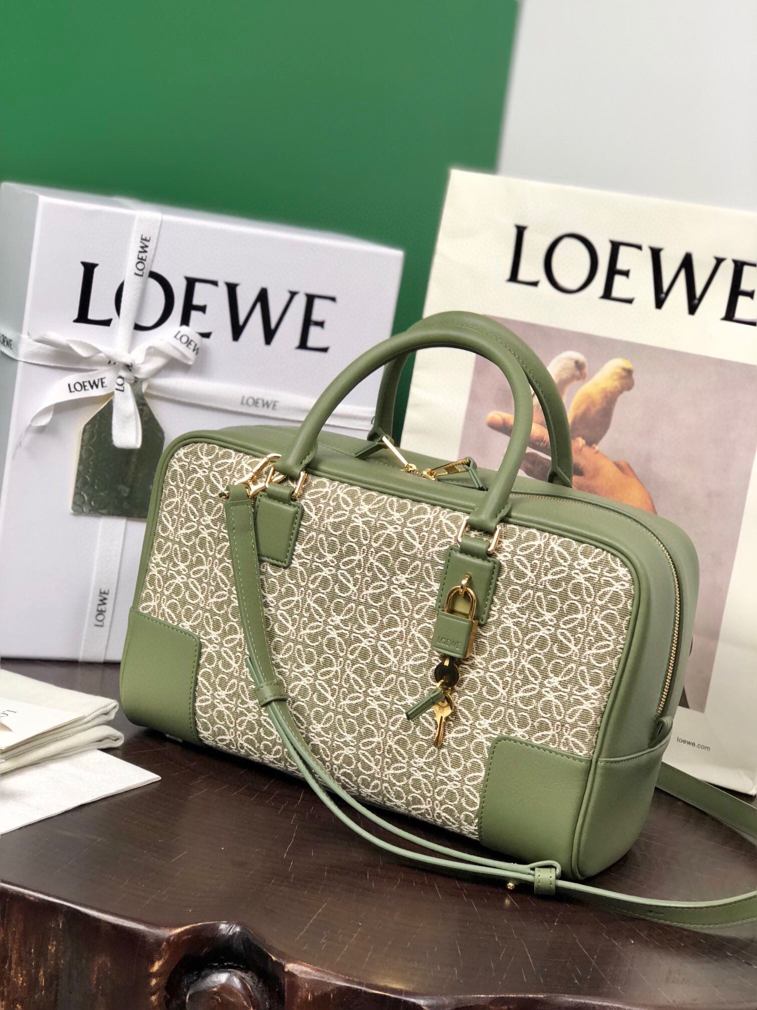 LOE AMAZONA 28 BAG IN OLIVE GREEN CALFSKIN AND BEIGE MONOGRAM FABRIC mysite