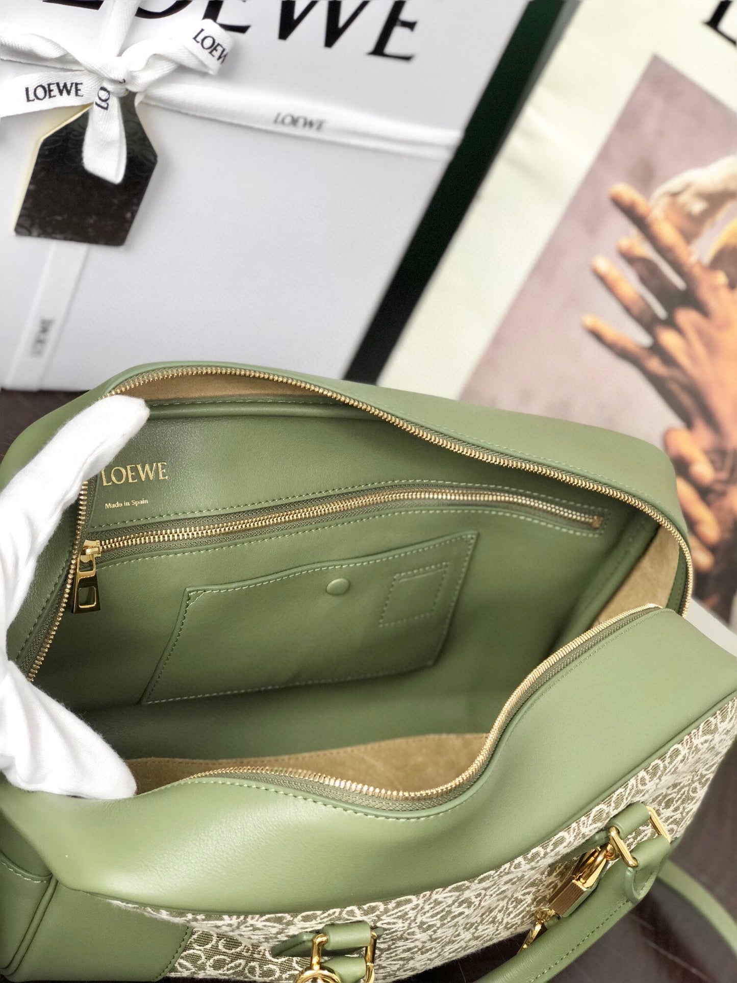 LOE AMAZONA 28 BAG IN OLIVE GREEN CALFSKIN AND BEIGE MONOGRAM FABRIC mysite
