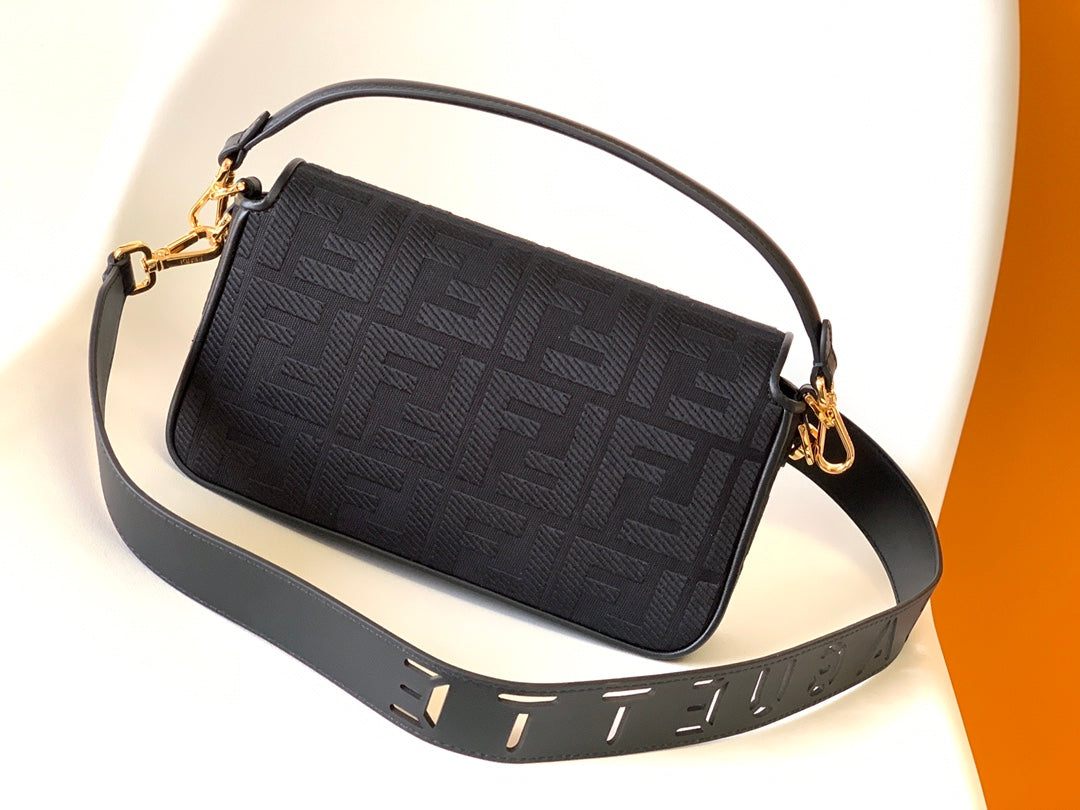 Fend Baguette Black Canvas Bag 27 with FF Embroidery Ghw mysite