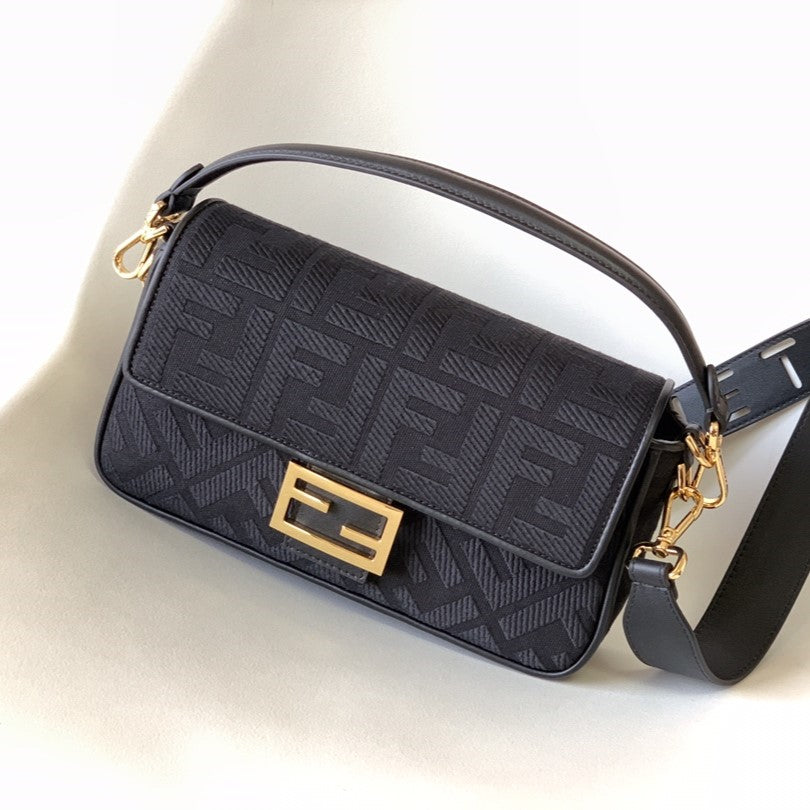 Fend Baguette Black Canvas Bag 27 with FF Embroidery Ghw mysite