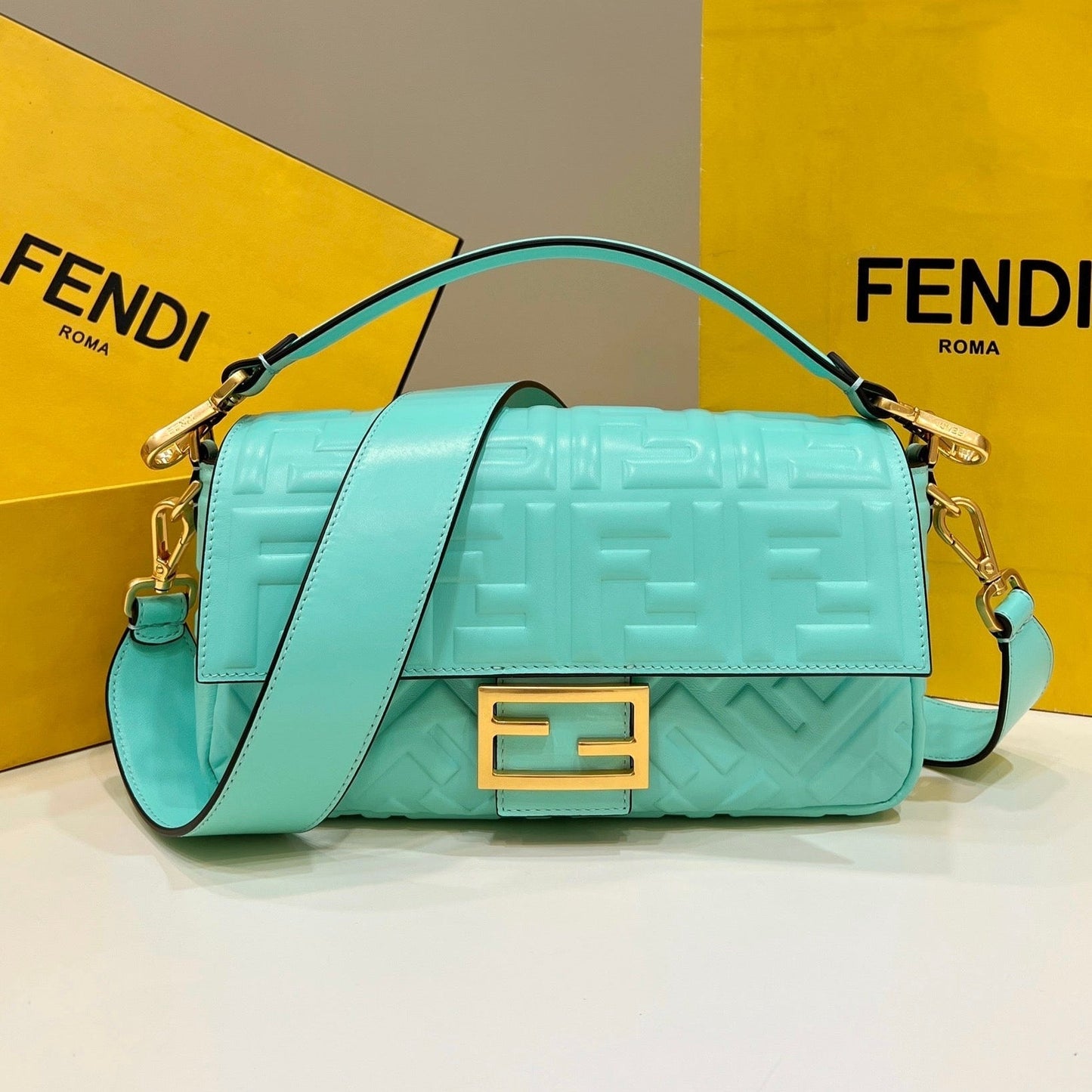 BAGUETTE WITH FF MOTIF 27 IN TURQUOISE SOFT LAMBSKIN GOLD HARDWARE mysite